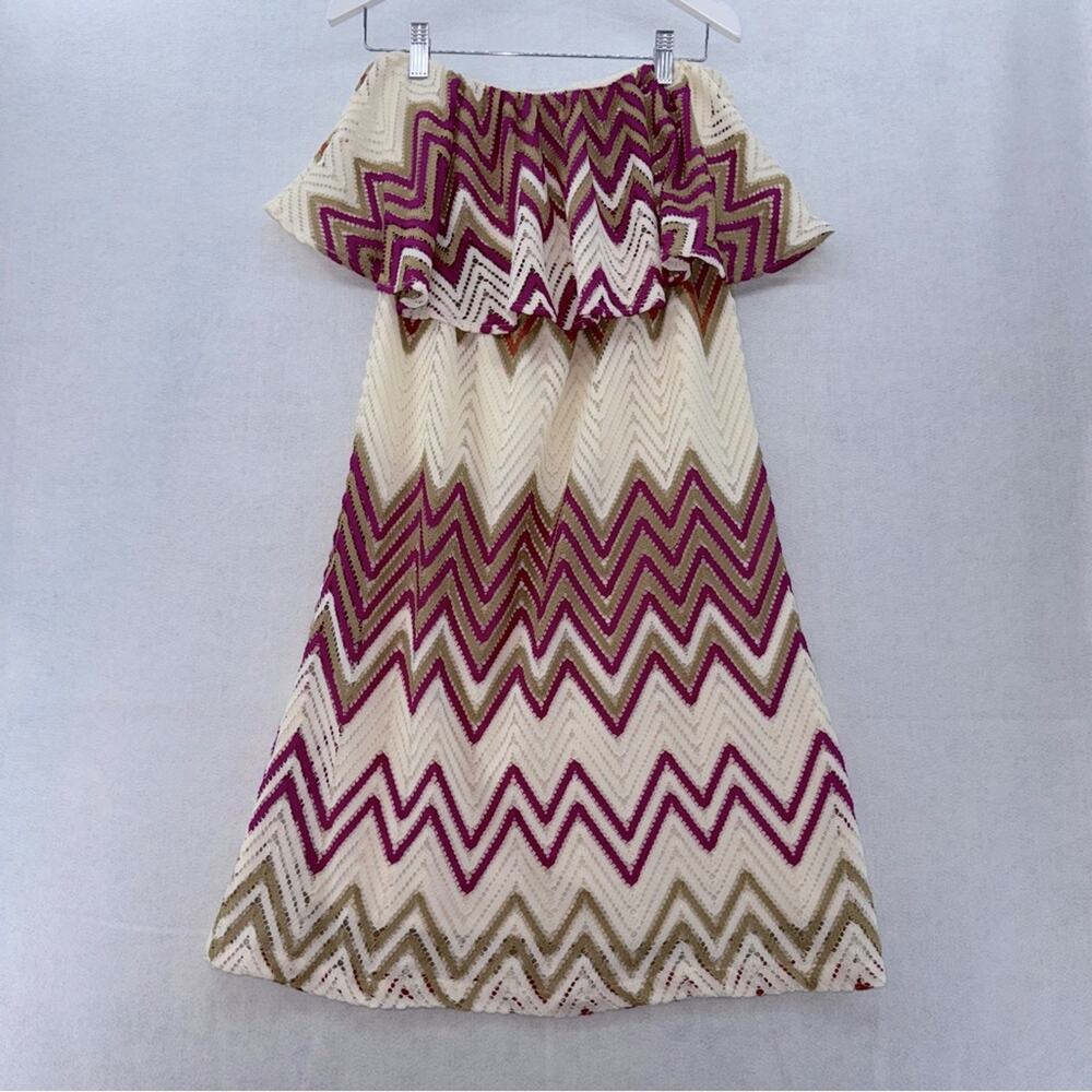 Judith March Women’s Strapless Mini Dress Chevron Hippie Boho Ivory size Large